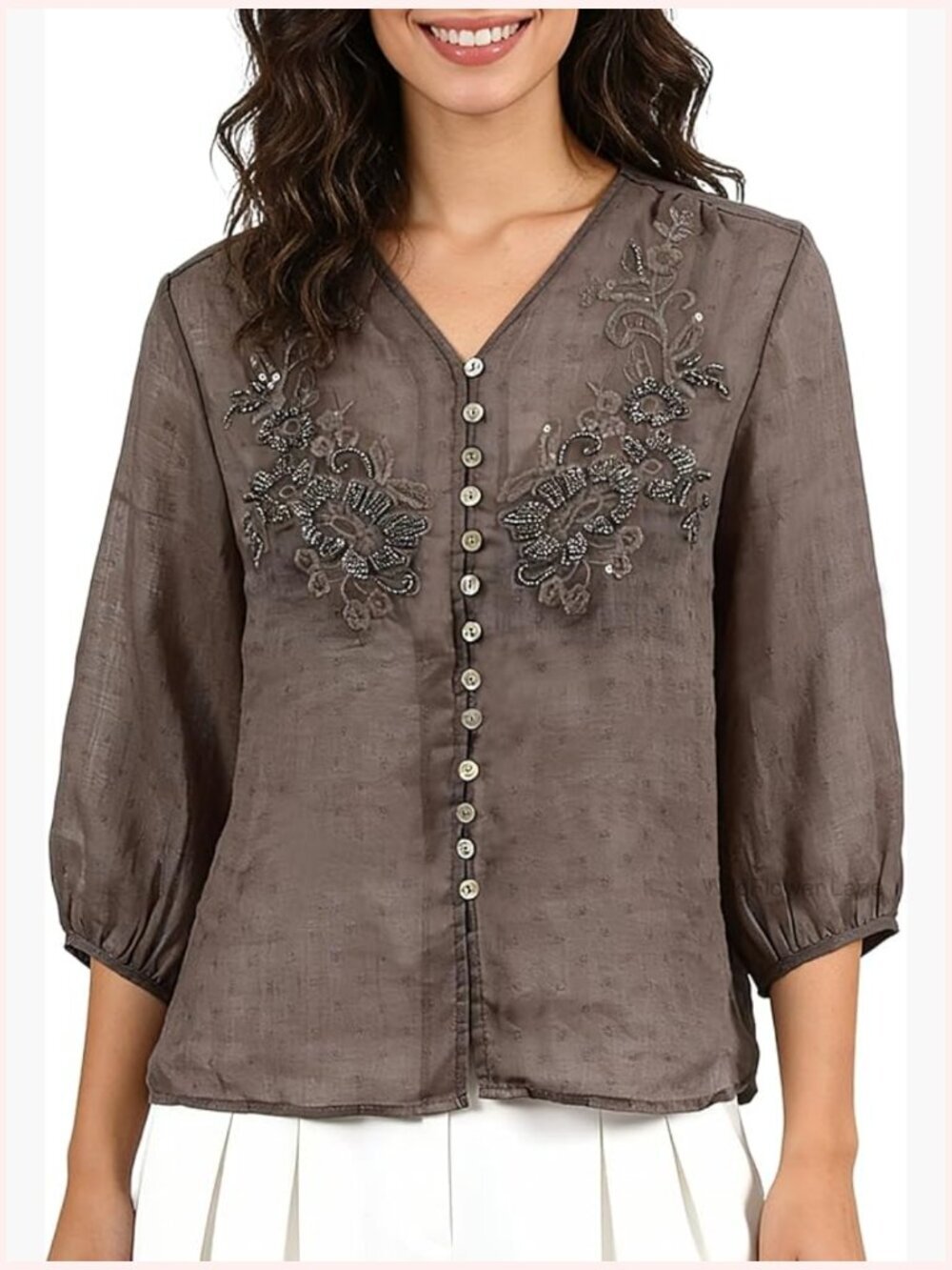 3/4 Sleeve Linen Blouse Button Down V-Neck Beaded Top